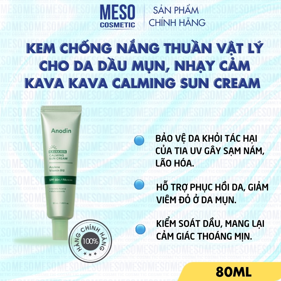 Kem chống nắng thuần vật lý cho da dầu mụn, nhạy cảm KAVA KAVA Anodin Calming Sun Cream 50ml
